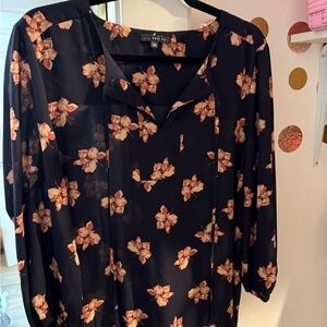 West Kei Navy Blouse with Peach Floral Pattern